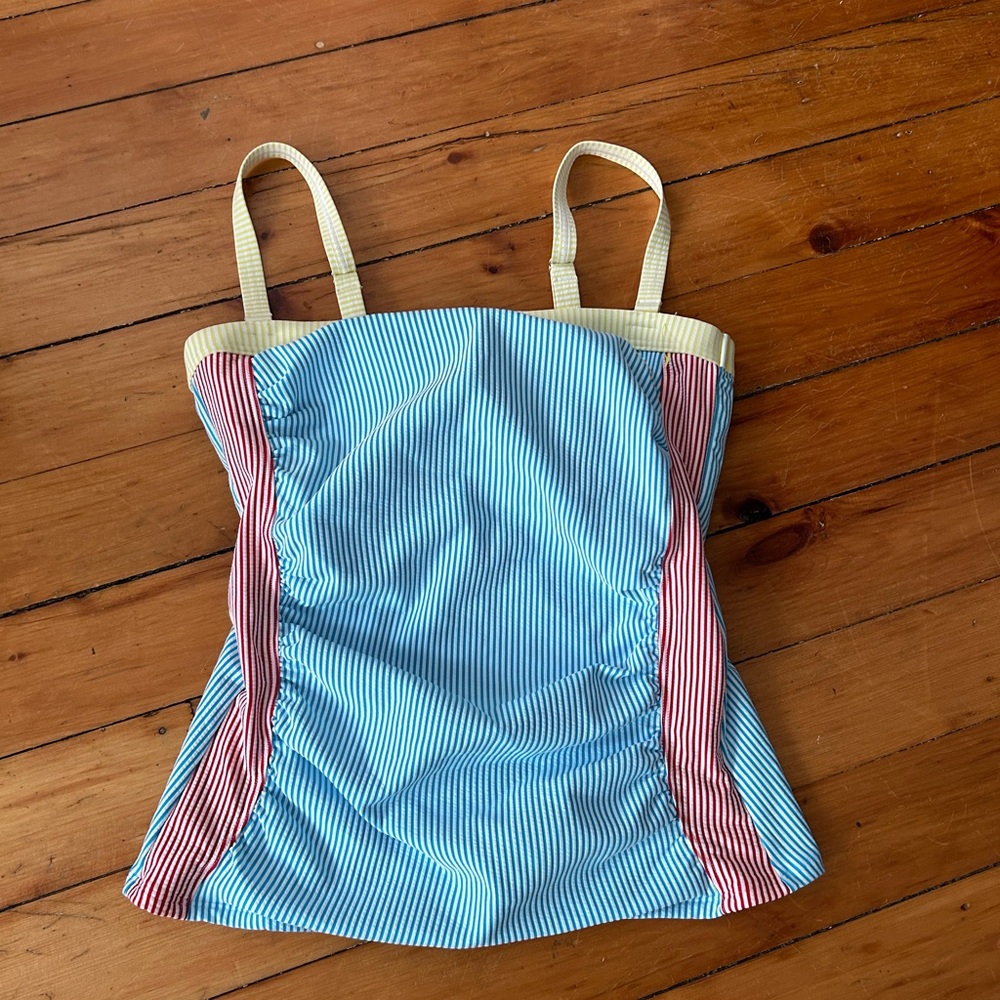 ☀️3/$25 Lands' End Women's 8 Seersucker Striped Tankini Swim Top Blue Yellow